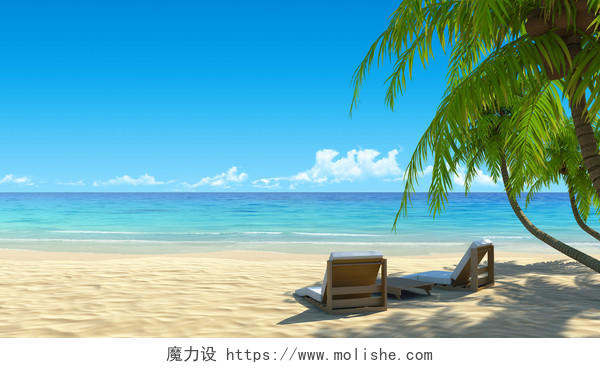 两个热带田园白色沙滩上海滩椅子棕榈树的影子无噪音清洁3d呈现假期水疗中心度假村设计的概念